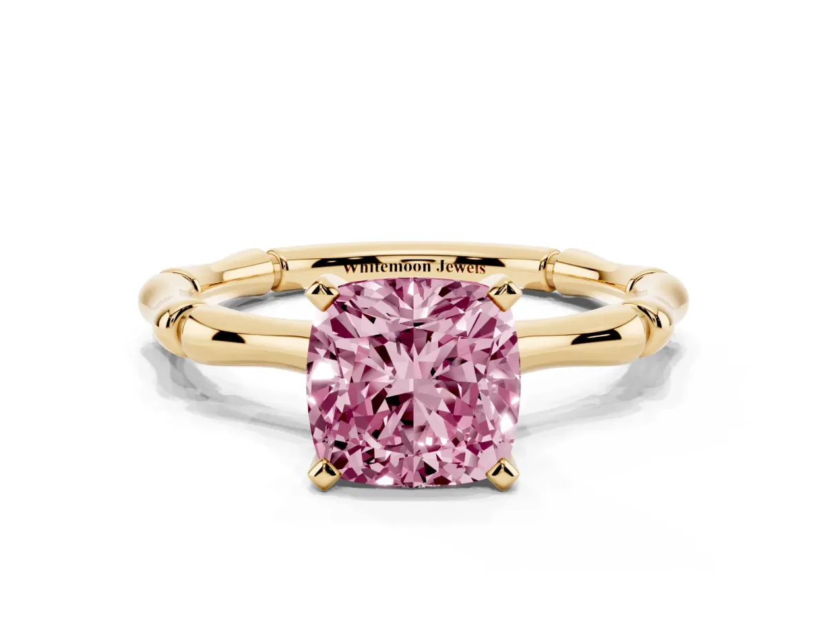 Fancy Pink Cushion Cut Solitaire Diamond Ring with Bamboo Band and Four-Prong Setting Yellow gold