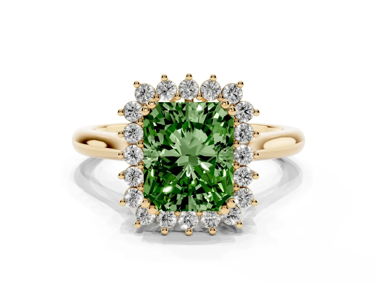 Fancy Green Radiant Cut Cut Diamond Halo Ring with Solitaire Band and Prong Setting Yellow gold
