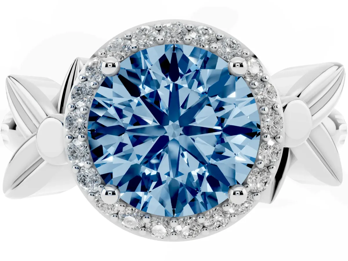 Fancy Blue Round Cut Halo Diamond Floral Band with Four-Prong Setting Platinum