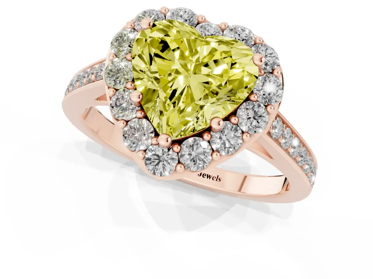 Fancy Yellow Heart Cut Diamond Floral Halo Ring with Pavé Band and Prong Setting Rose gold