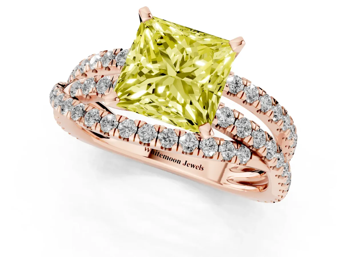 Fancy Yellow Princess Cut Solitaire Twist Band with Pavé Setting and Four-Prong Setting Rose gold