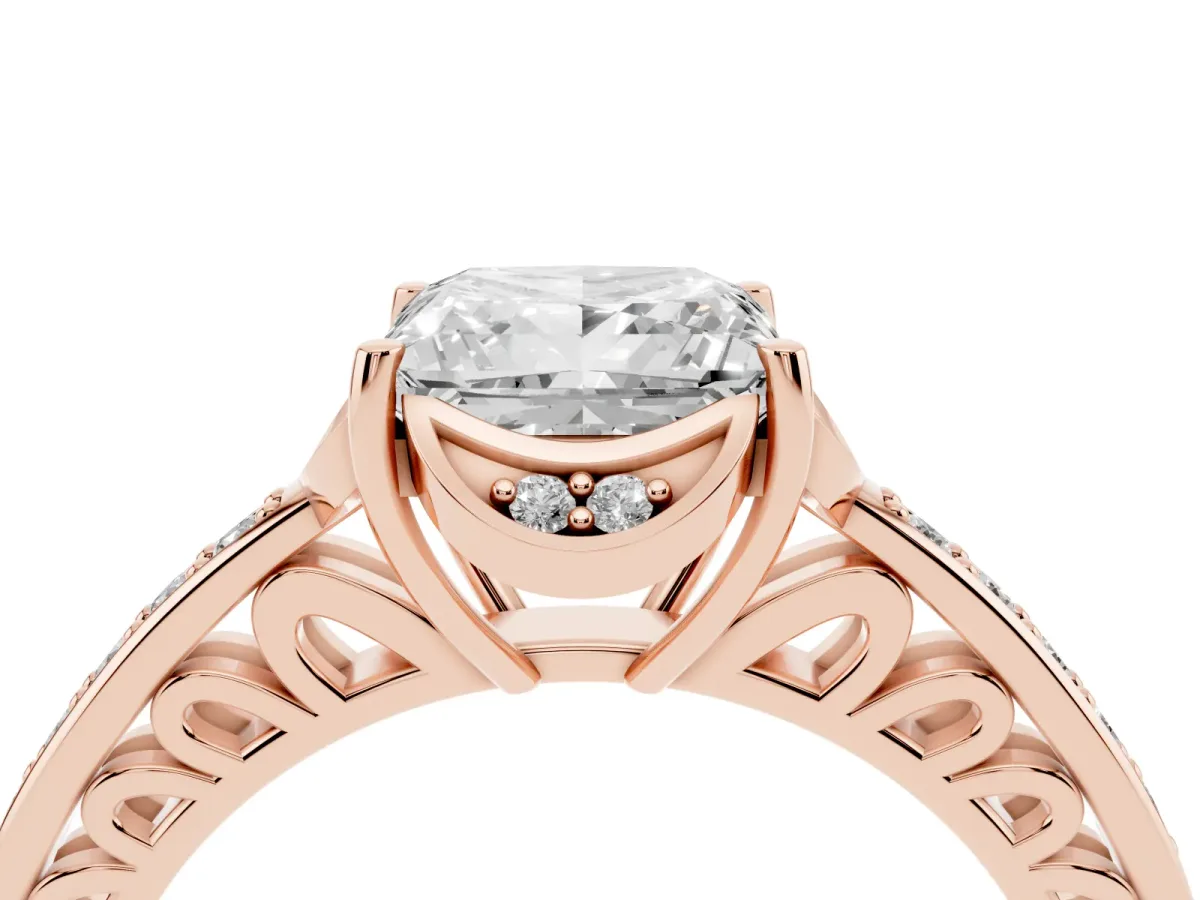 Princess Cut Cut Halo Diamond Ring with Channel Set Band and Four-Prong Setting Rose gold