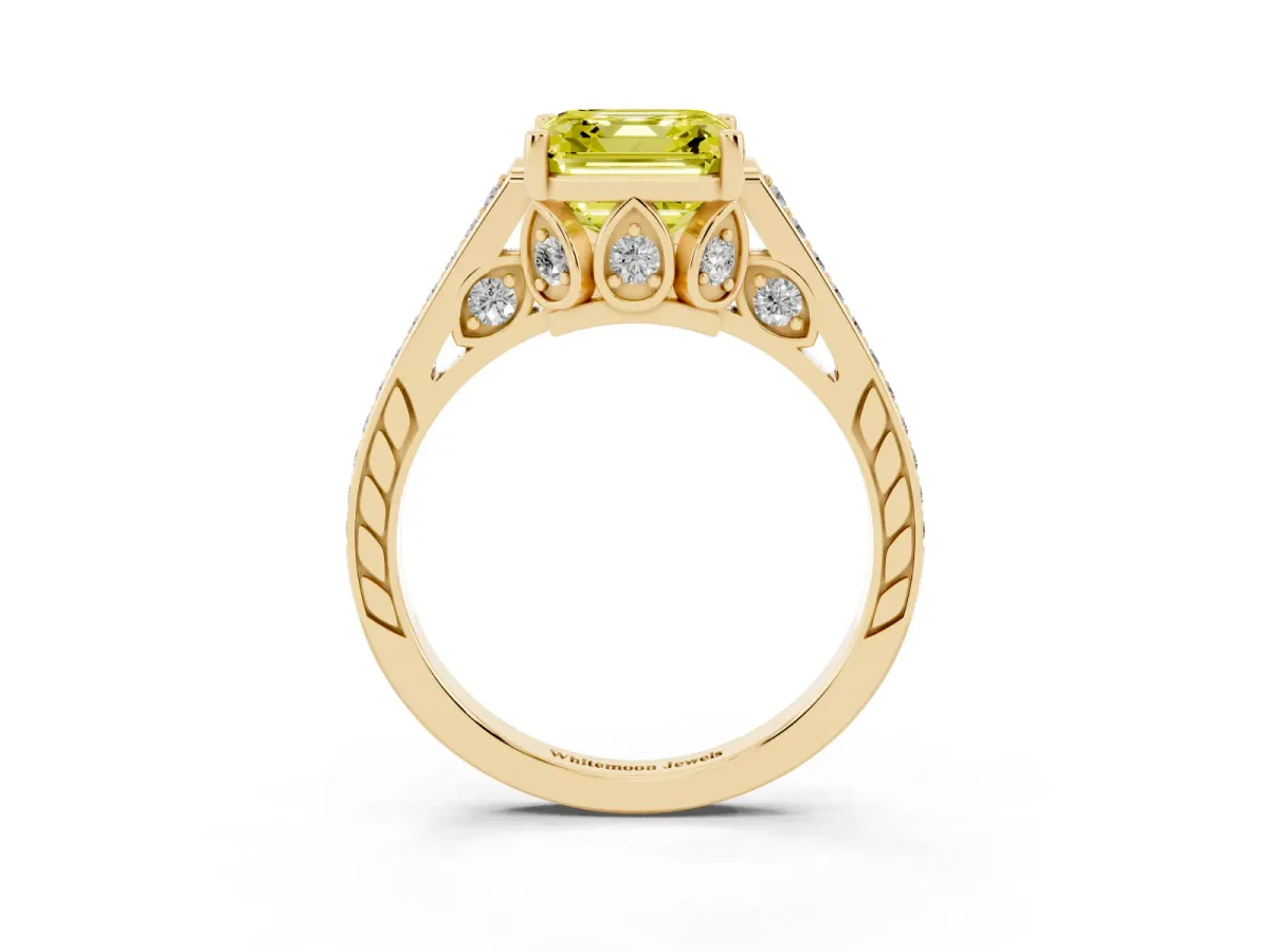 Fancy Yellow Asscher Cut Cut Cathedral Pave Diamond Engagement Ring with Six-Prong Setting Yellow gold