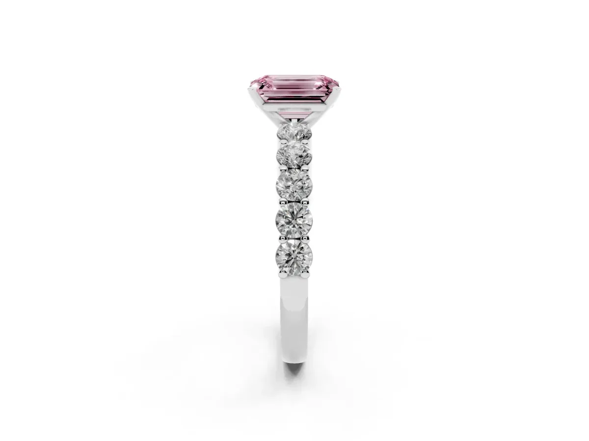 Fancy Pink Emerald Cut Diamond Solitaire Ring with Shared Prong Round Side Stones Silver