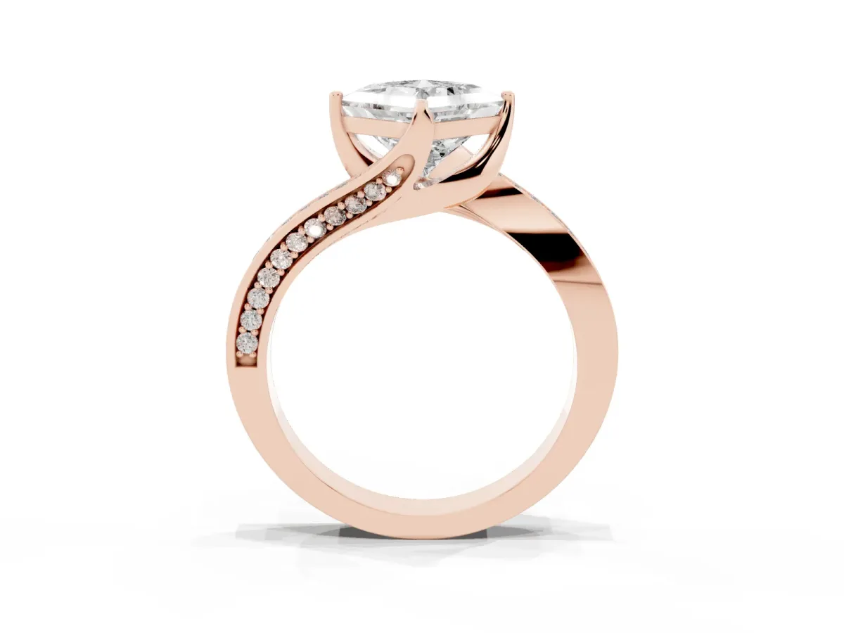 Princess Cut Solitaire Diamond Twist Band with Pavé Setting and Four-Prong Setting Rose gold