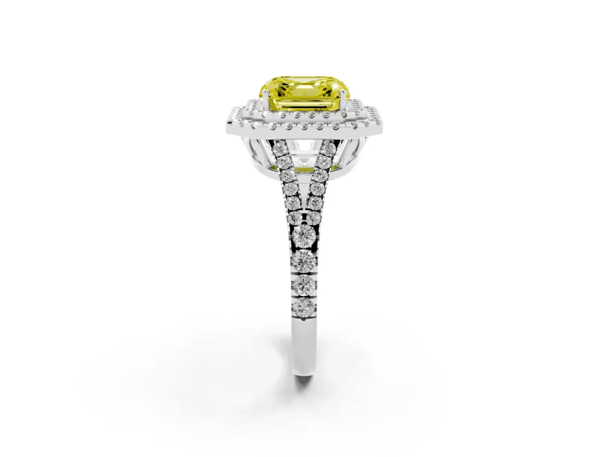 Fancy Yellow Asscher Cut Diamond Double Halo Ring with Pavé Band and Prong Setting Platinum