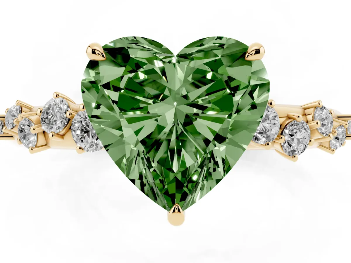 Fancy Green Heart Cut Diamond Cluster Prong-Set Solitaire Ring Yellow gold