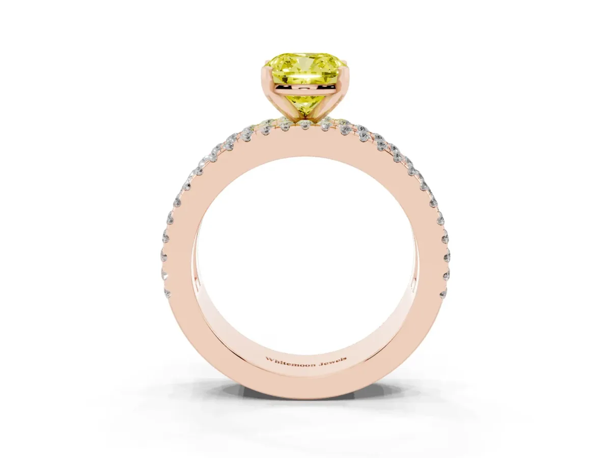 Fancy Yellow Cushion Cut Diamond Solitaire Ring with Pavé and Channel Set Band Rose gold