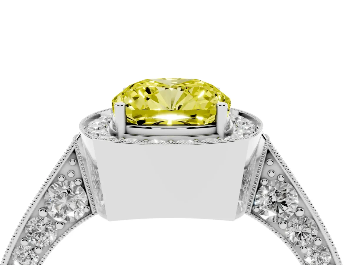 Fancy Yellow Cushion Cut Halo Diamond Engagement Ring with Split Shank Band and Four-Prong Setting Platinum