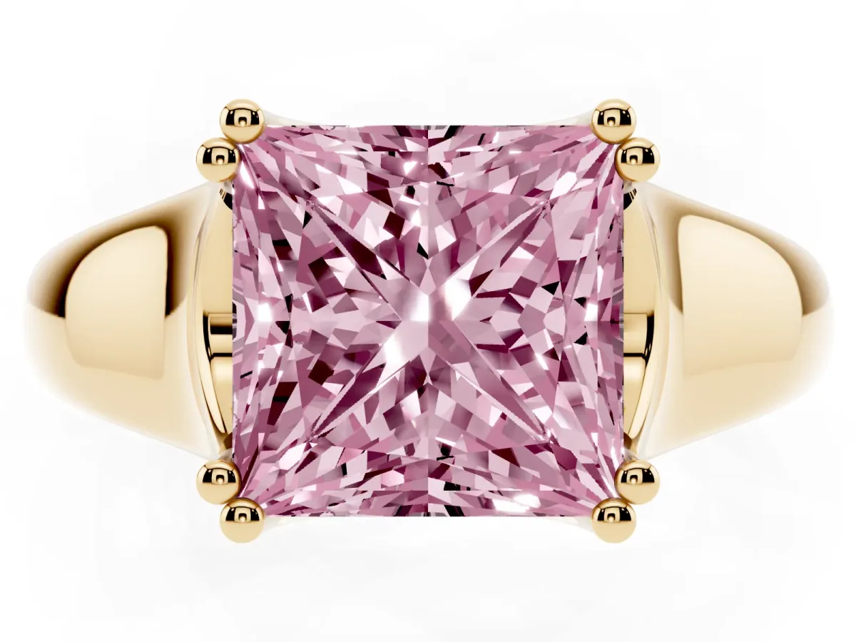 Fancy Pink Princess Cut Diamond Solitaire Ring with Wide Band and Prong Setting Yellow gold