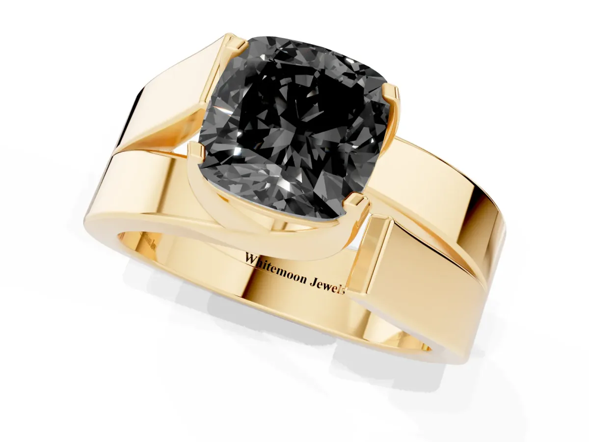 Fancy Black Modern Tension Set Cushion Cut Diamond Solitaire Wide Band Ring Yellow gold