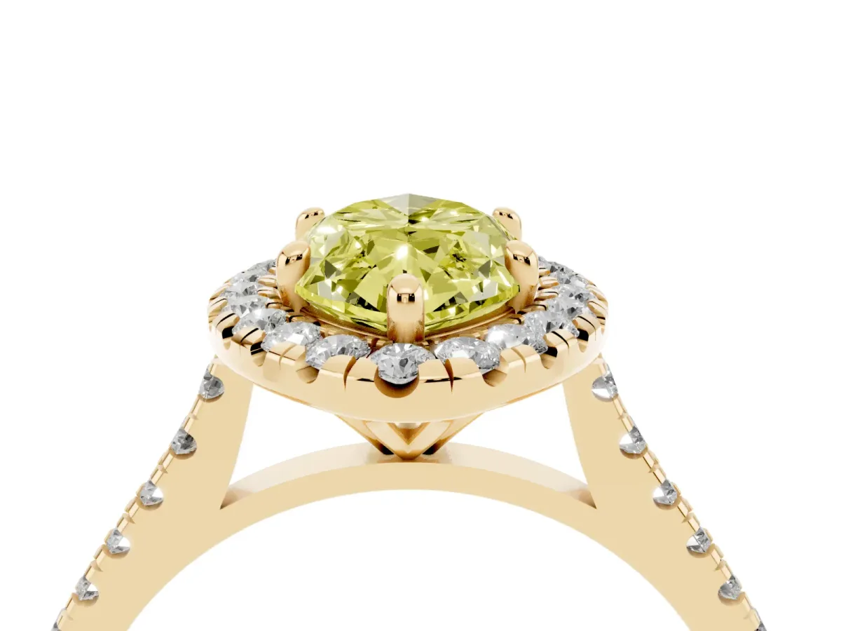 Fancy Yellow Marquise Cut Diamond Cushion Halo Ring with Pavé Band Yellow gold