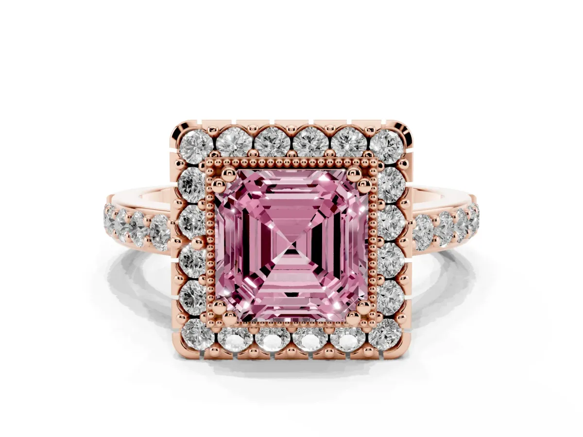 Fancy Pink Asscher Cut Diamond Halo Ring with Pavé Band and Prong Setting Rose gold