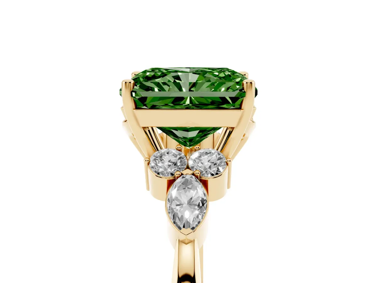 Fancy Green Radiant Cut Brilliant Diamond Solitaire Ring with Pear Side Stones and Four-Prong Setting Yellow gold