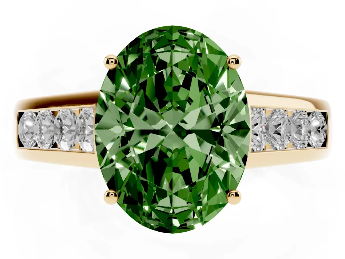 Fancy Green Oval Cut Solitaire Channel-Set Diamond Engagement Ring with Four-Prong Setting Yellow gold