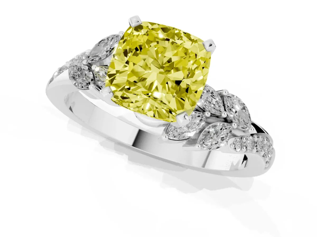 Fancy Yellow Cushion Cut Solitaire Marquise Twist Band with Six-Prong Setting Silver