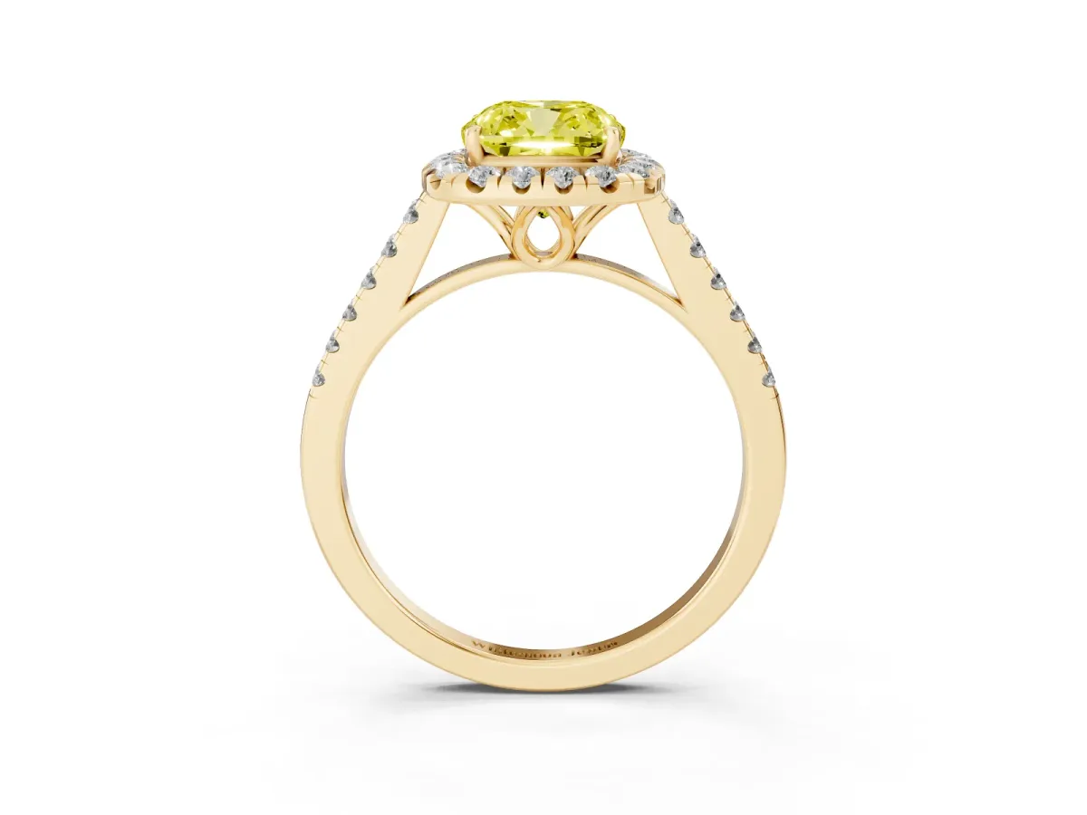 Fancy Yellow Cushion Cut Halo Pavé Diamond Engagement Ring with Four-Prong Setting Yellow gold