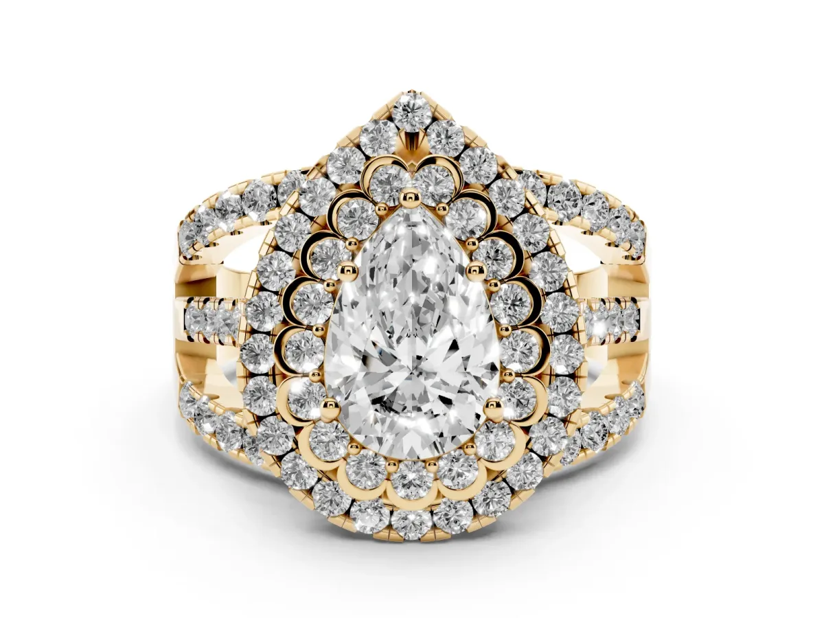 Pear Cut Diamond Double Halo Ring with Round Pavé Split Shank and Prong Setting Yellow gold