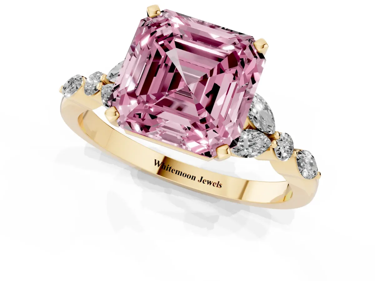Fancy Pink Asscher Cut Diamond Solitaire Ring with Side Stones and Four-Prong Setting Yellow gold