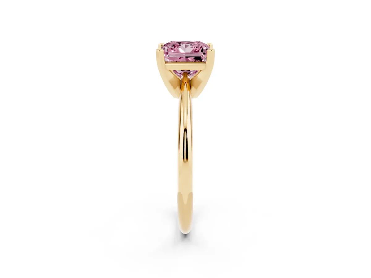 Fancy Pink Princess Cut Cut Solitaire Ring with Four-Prong Setting on a Classic Band Yellow gold