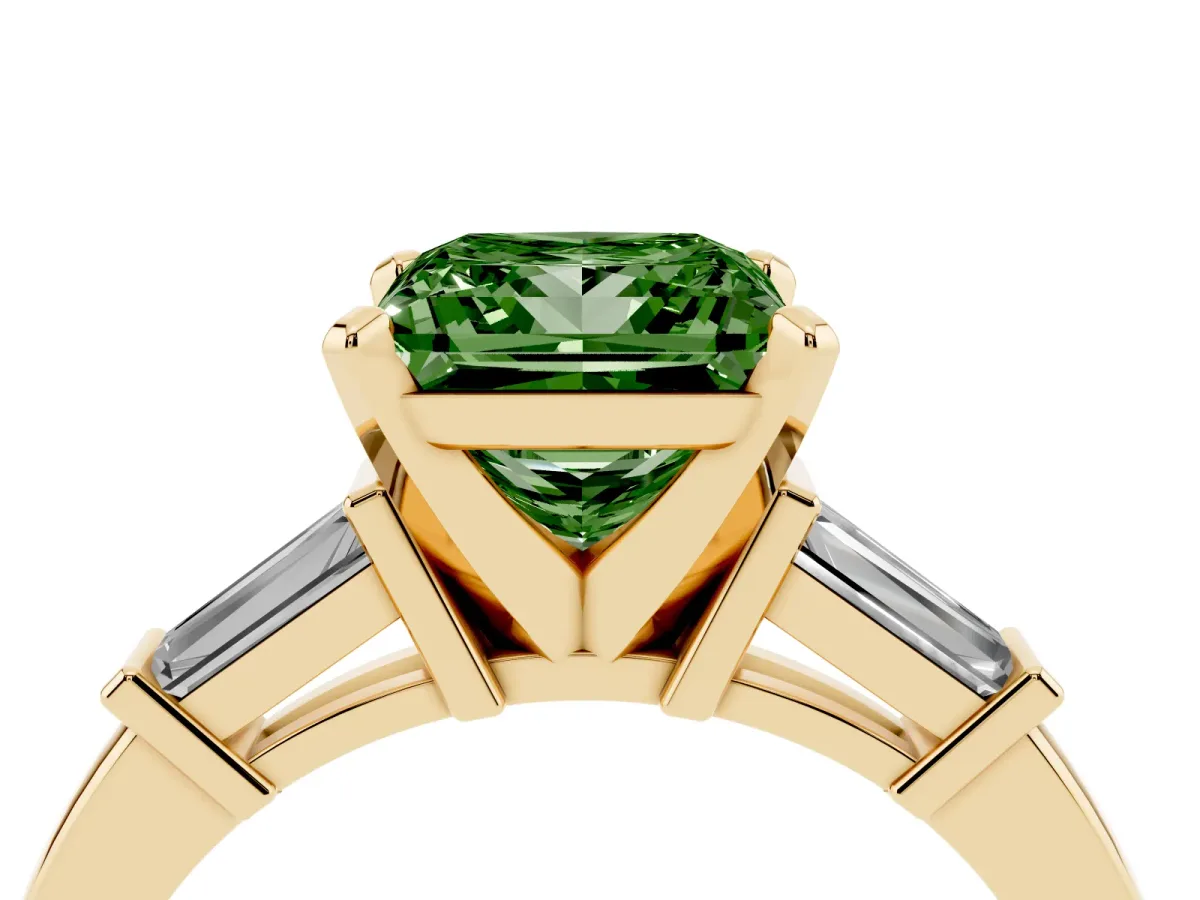 Fancy Green Princess Cut Cut Diamond Solitaire Ring with Tapered Baguette Accents and Four-Prong Setting Yellow gold