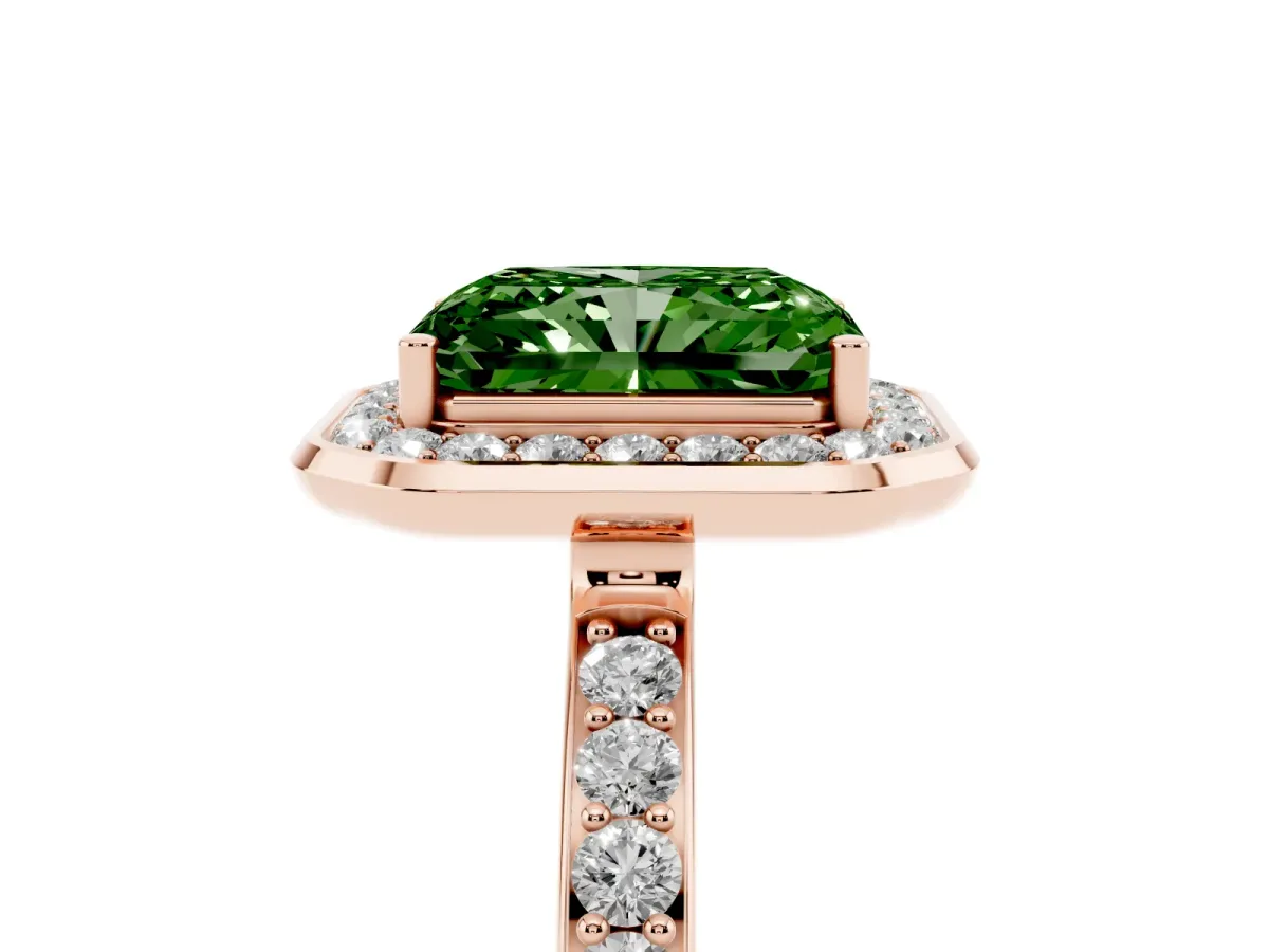 Fancy Green Radiant Cut Diamond Halo Ring with Bezel Frame and Pavé Band Rose gold
