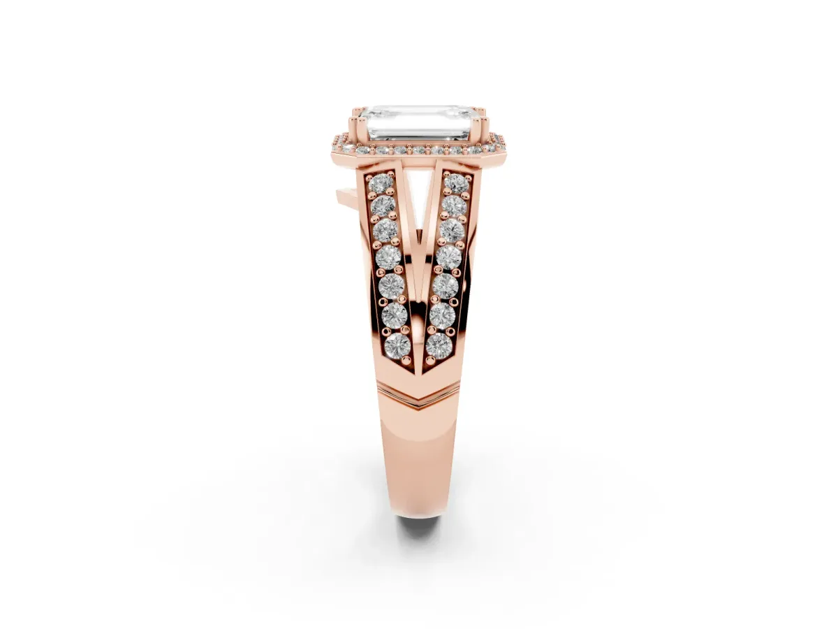Emerald Cut Diamond Halo Ring with Split Shank Pavé Band and Four-Prong Setting Rose gold