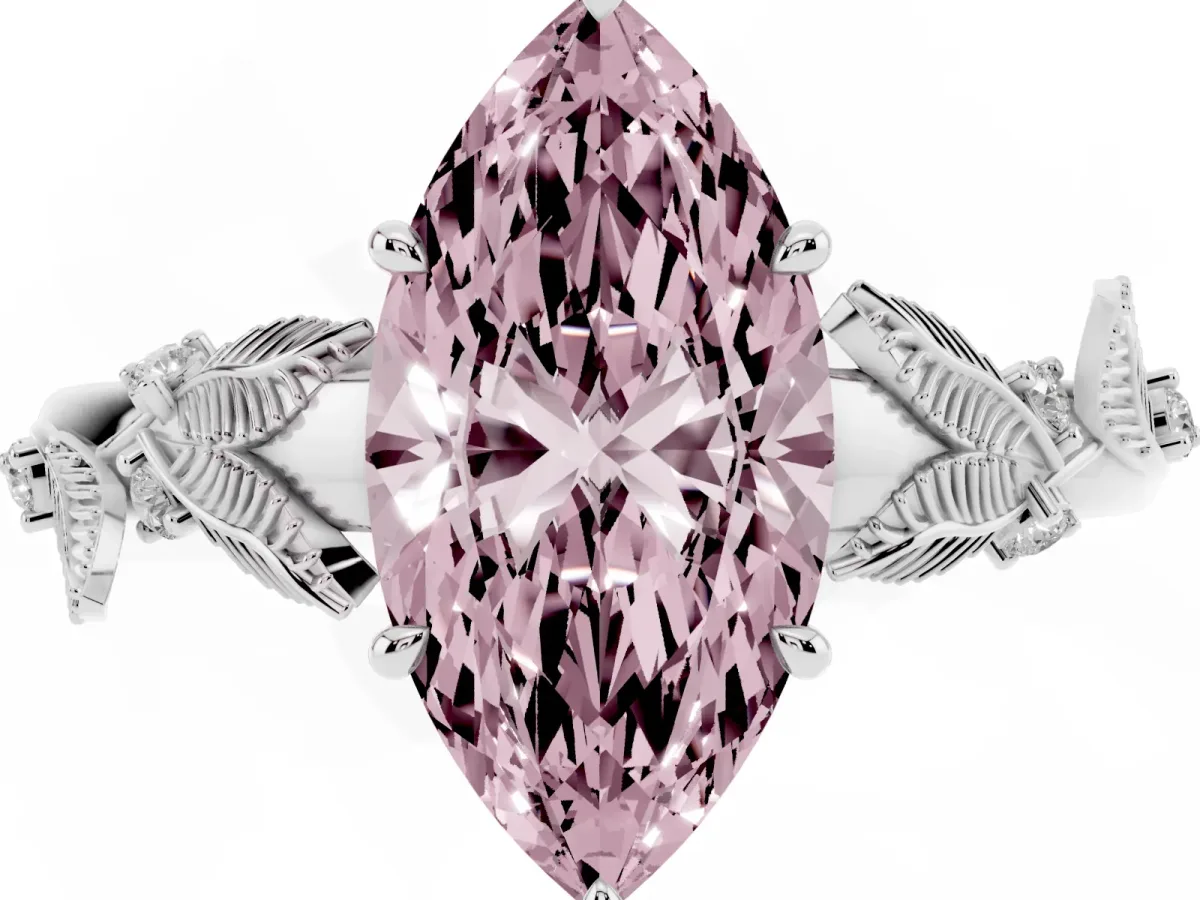 Fancy Pink Marquise Cut Diamond Solitaire Ring with Leaf Motif Band and Four-Prong Setting Silver
