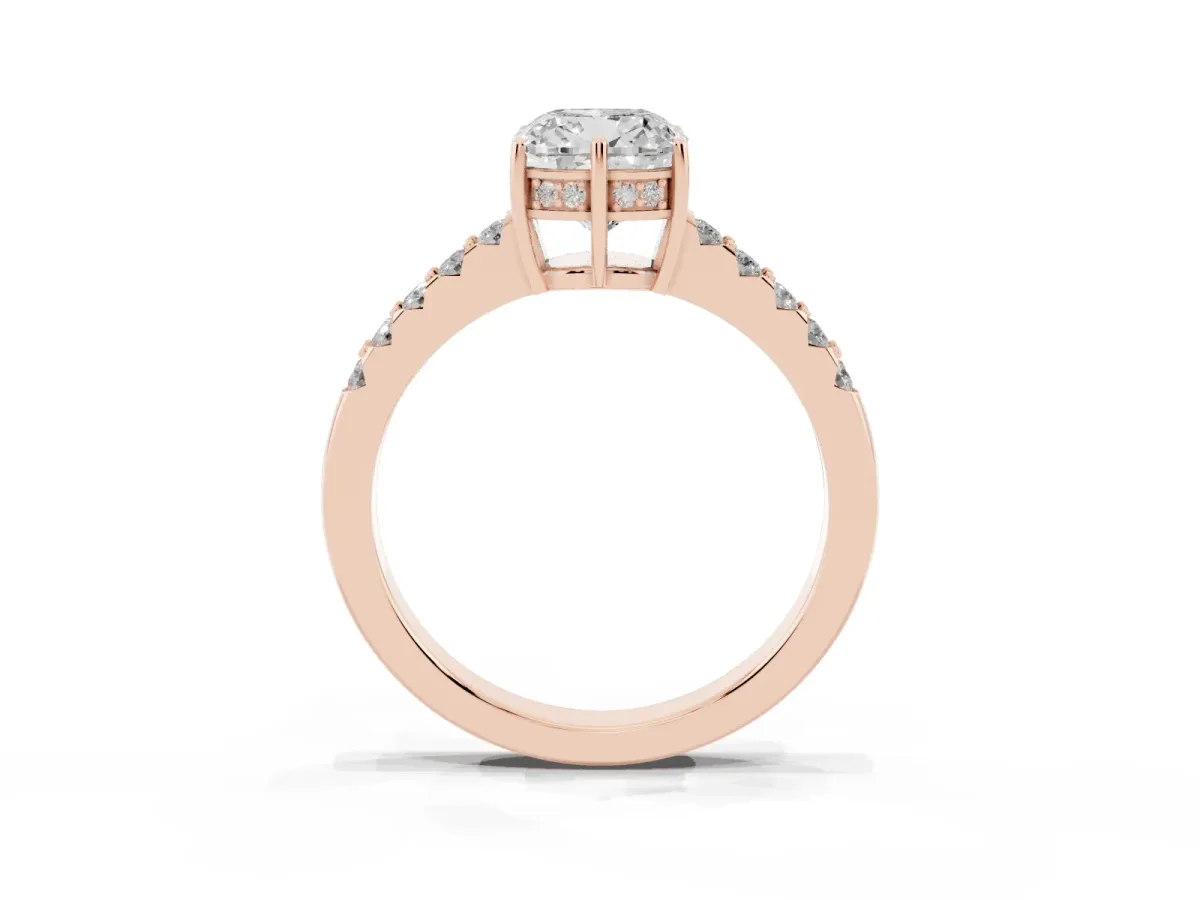 Cushion Cut Solitaire Diamond Engagement Ring with Pavé Band and Six-Prong Setting Rose gold