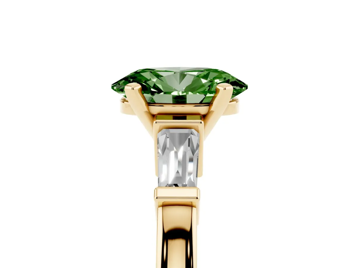 Fancy Green Oval Cut Cut Diamond Solitaire Ring with Tapered Baguette Accents and Four-Prong Setting Yellow gold