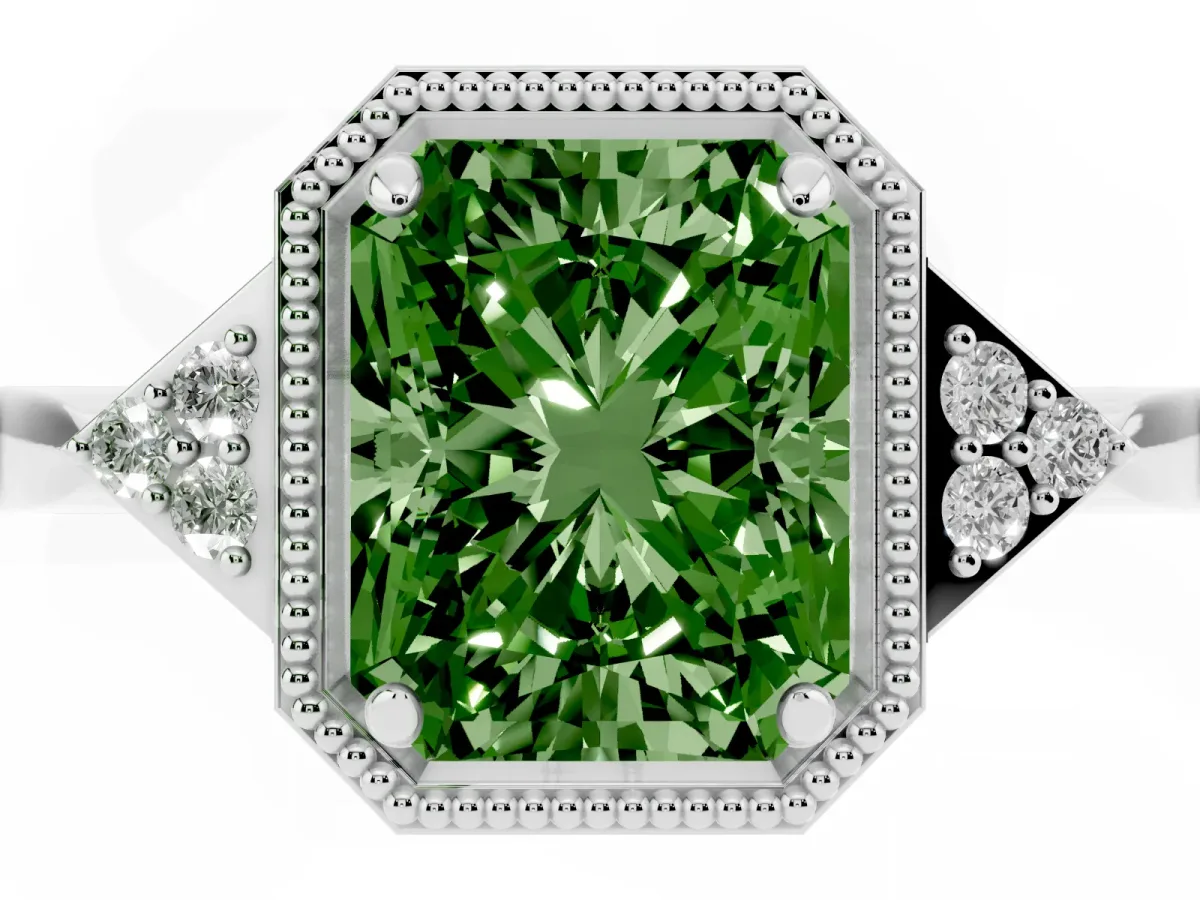 Fancy Green Hexagonal Halo Radiant Cut Diamond Solitaire with Pavé Band and Four-Prong Setting Platinum
