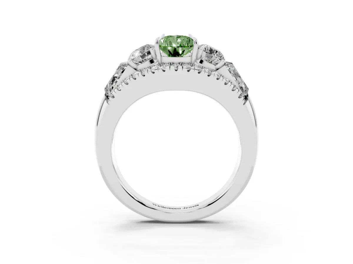 Fancy Green Three-Stone Pear Cut Diamond Engagement Ring with Pave Band and Prong Setting Platinum