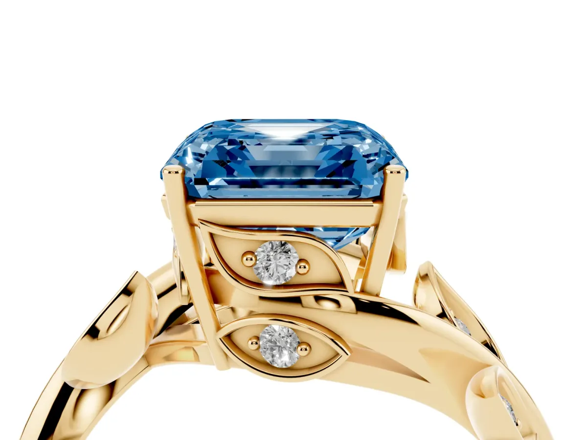 Fancy Blue Asscher Cut Solitaire Twist Engagement Ring with Leaf Accents and Prong Setting Yellow gold