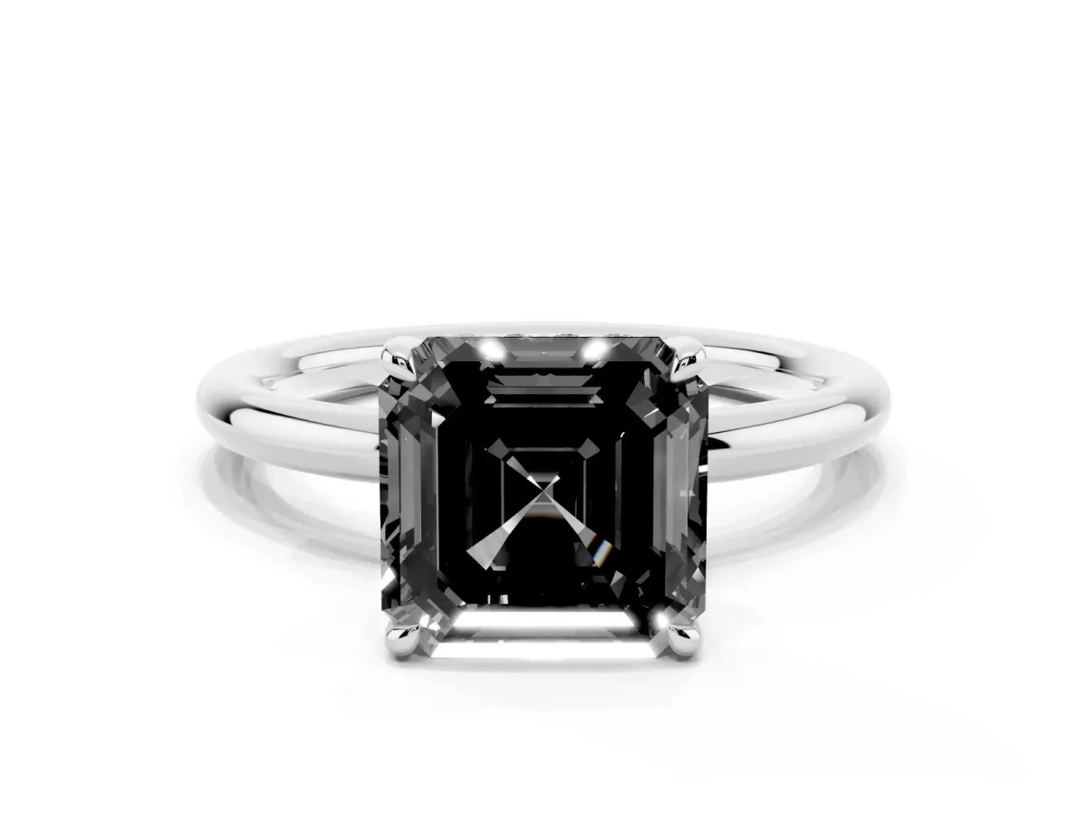 Fancy Black Asscher Cut Diamond Solitaire Ring with Thin Band and Four-Prong Setting Silver