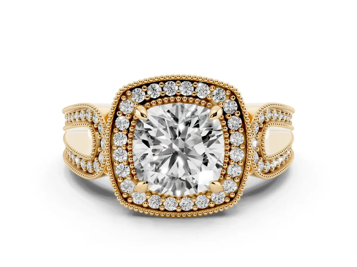 Cushion Cut Halo Split Shank Milgrain Diamond Ring Yellow gold