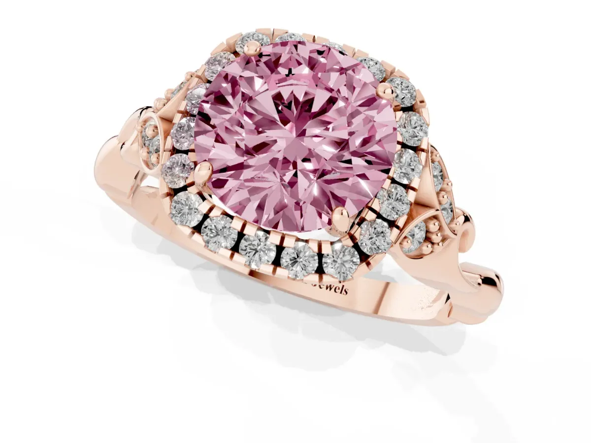 Fancy Pink Round Cut Halo Diamond Engagement Ring with Vintage-Inspired Band and Four-Prong Setting Rose gold