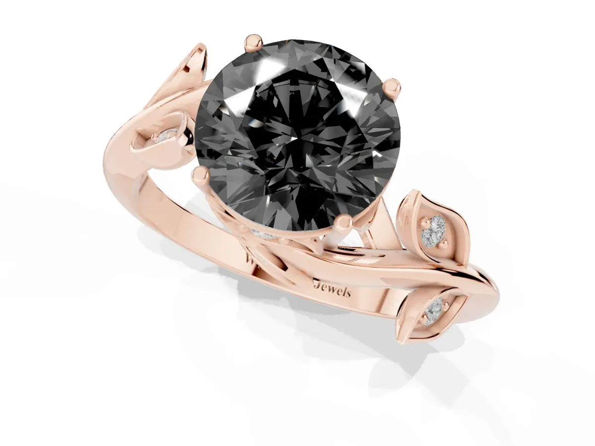 Fancy Black Round Cut Solitaire Twist Engagement Ring with Leaf Accents and Prong Setting Rose gold