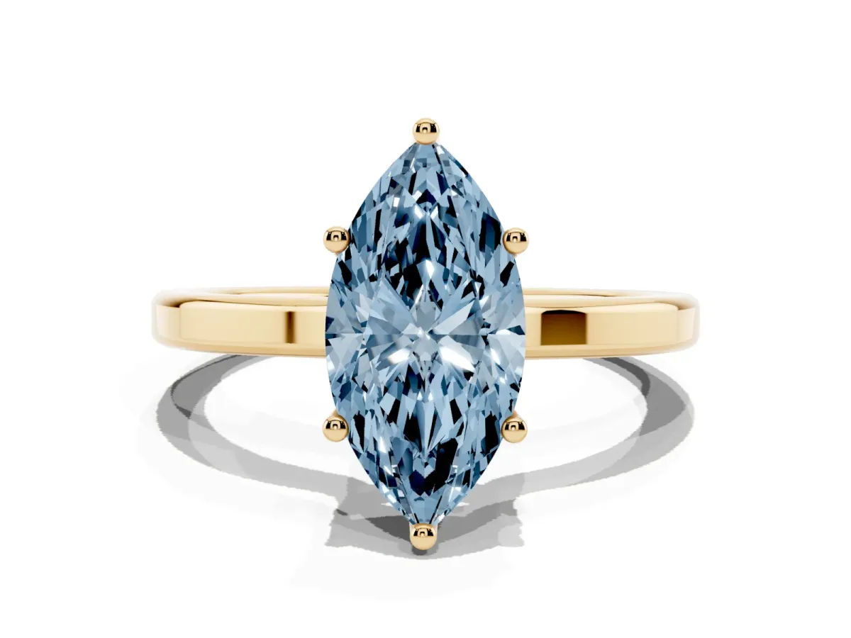 Fancy Blue Marquise Cut Cut Solitaire Engagement Ring with Four-Prong Setting on a Classic Band Yellow gold