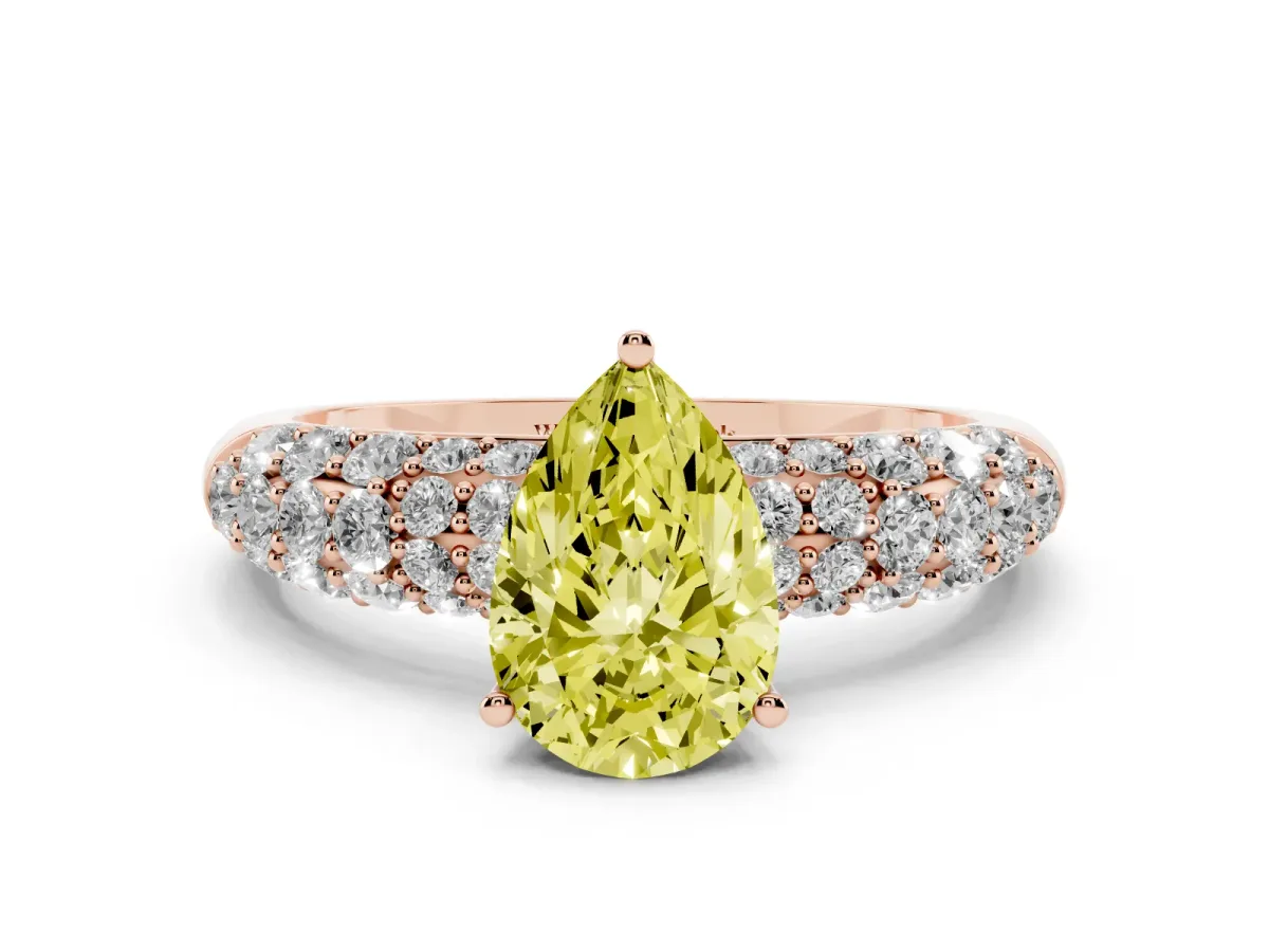 Fancy Yellow Pear Cut Diamond Pavé Band Solitaire Ring with Four-Prong Setting Rose gold