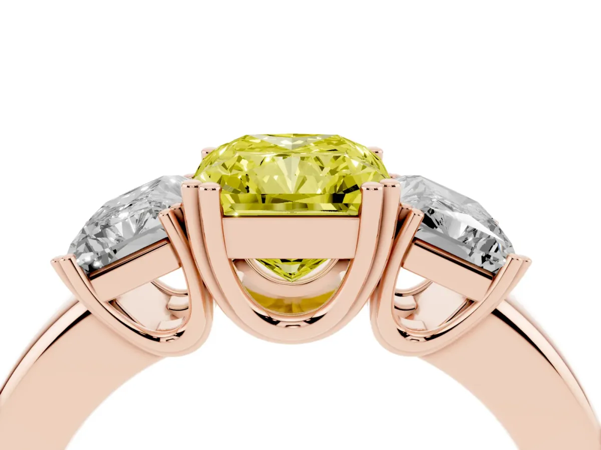 Fancy Yellow Three-Stone Radiant Cut Cut Diamond Ring with Channel Set Band and Four-Prong Setting Rose gold