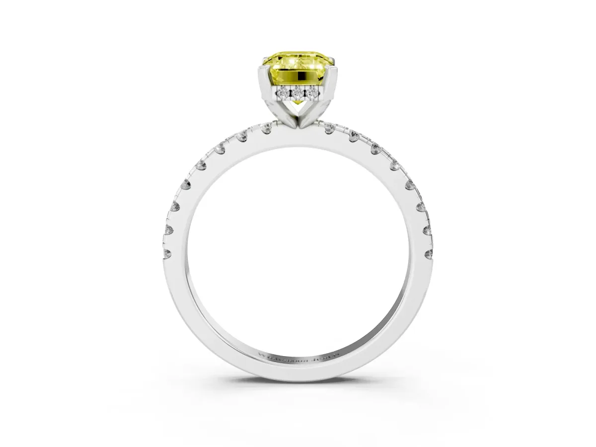 Fancy Yellow Emerald Cut Diamond Solitaire Ring with Round Pavé Band and Four-Prong Setting Silver
