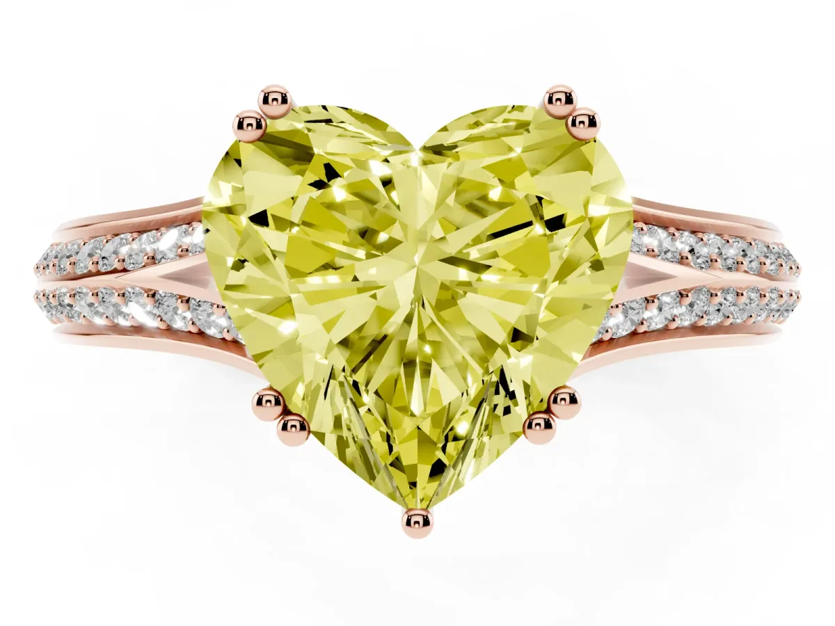 Fancy Yellow Heart Cut Diamond Split Shank Engagement Ring with Pavé Band Rose gold