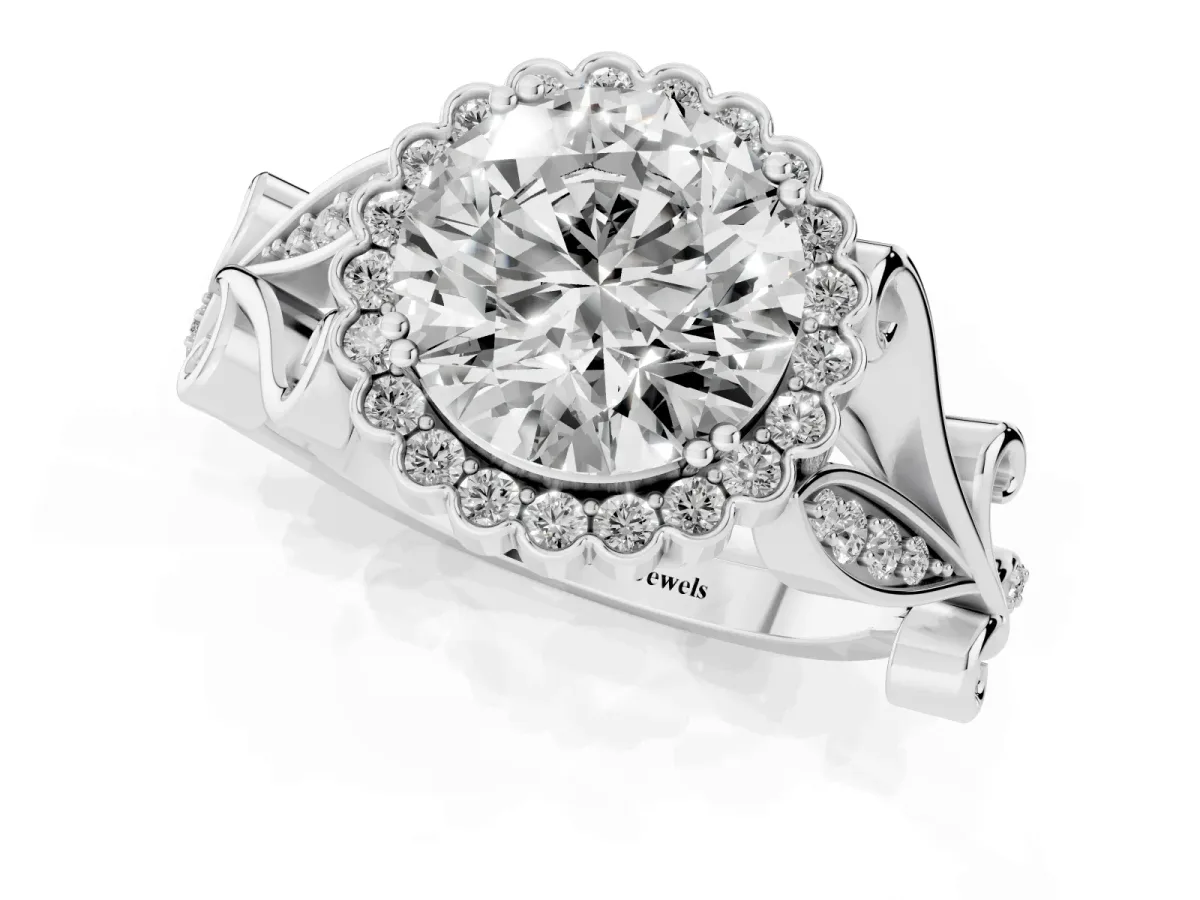 Round Cut Diamond Halo Ring with Vintage Split Shank and Four-Prong Setting Platinum