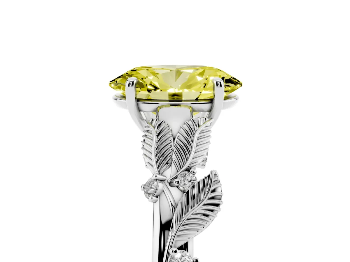 Fancy Yellow Oval Cut Diamond Solitaire Ring with Leaf Motif Band and Four-Prong Setting Silver