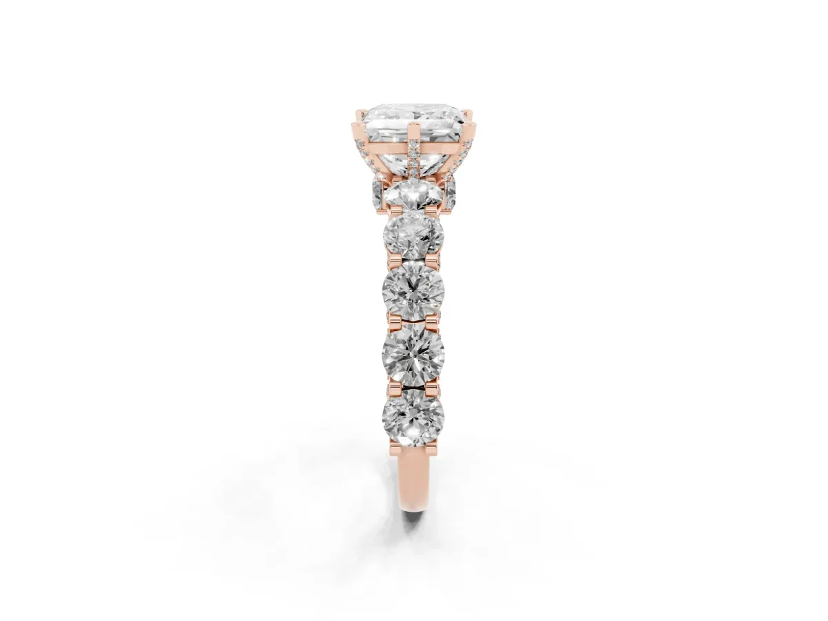 Princess Cut Diamond Side Stone Engagement Ring with Four-Prong Setting Rose gold