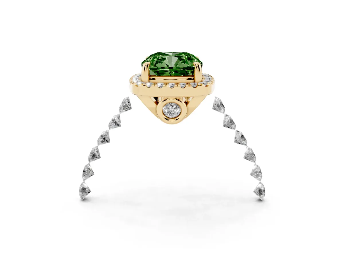 Fancy Green Cushion Cut Halo Pavé Diamond Engagement Ring with Four-Prong Setting Yellow gold