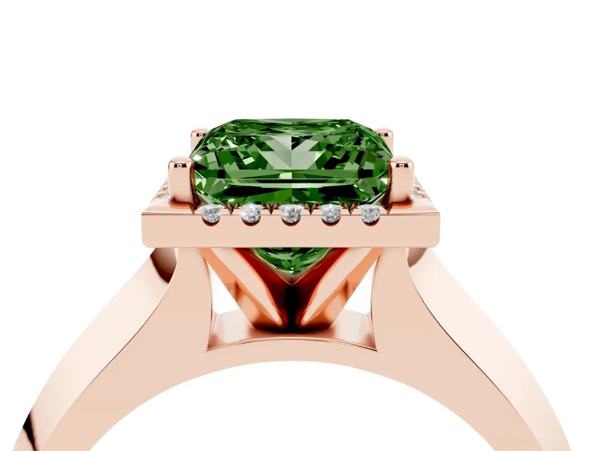 Fancy Green Princess Cut Halo Diamond Ring with Cathedral Band and Four-Prong Setting Rose gold