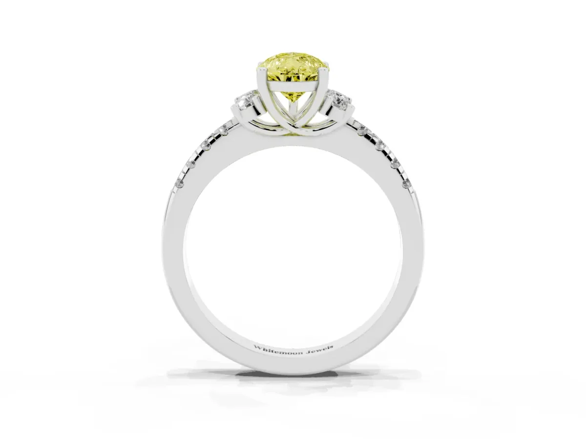 Fancy Yellow Pear Cut Diamond Three-Stone Pave Band with Four-Prong Setting Platinum