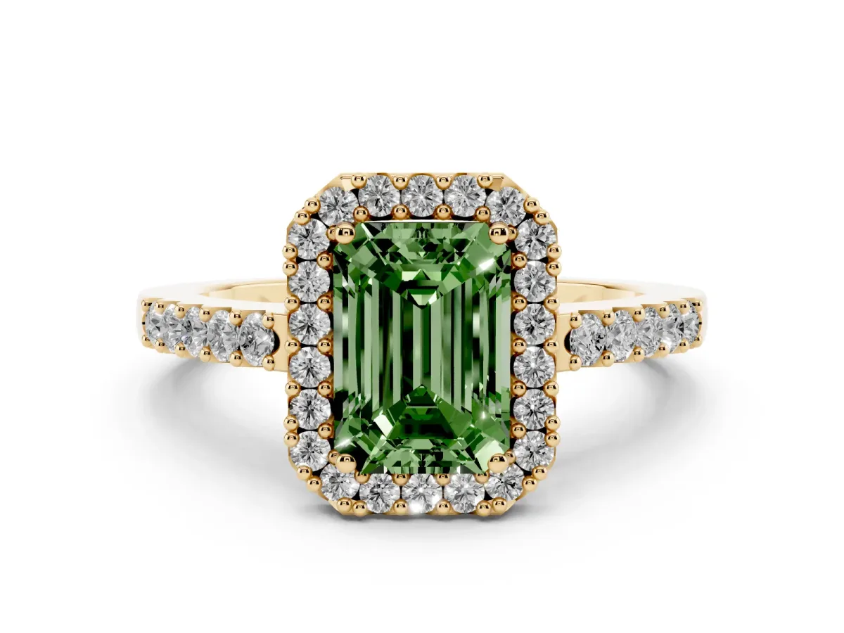 Fancy Green Emerald Cut Halo Diamond Pavé Solitaire Ring Yellow gold