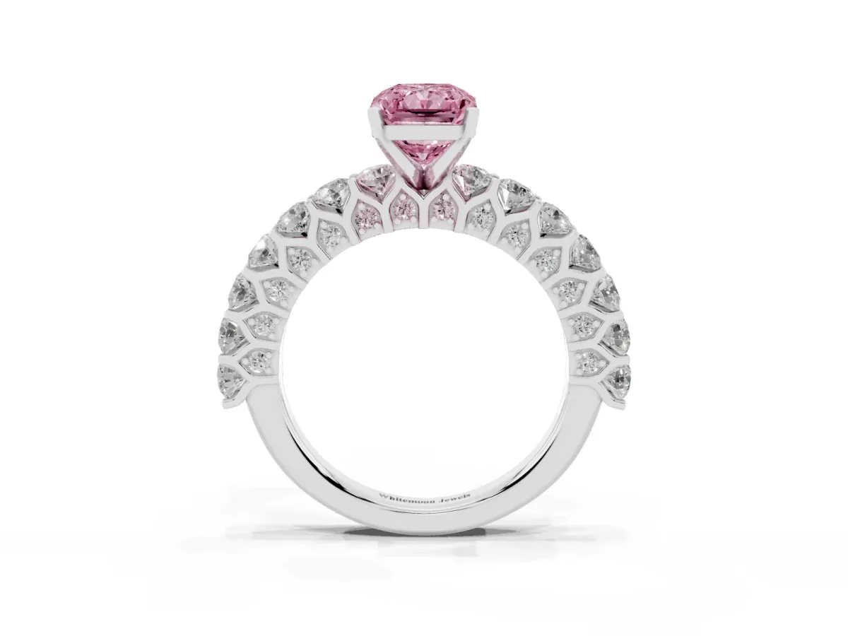 Fancy Pink Radiant Cut Diamond Solitaire Ring with Shared Prong Pavé Band and Four-Prong Setting Silver